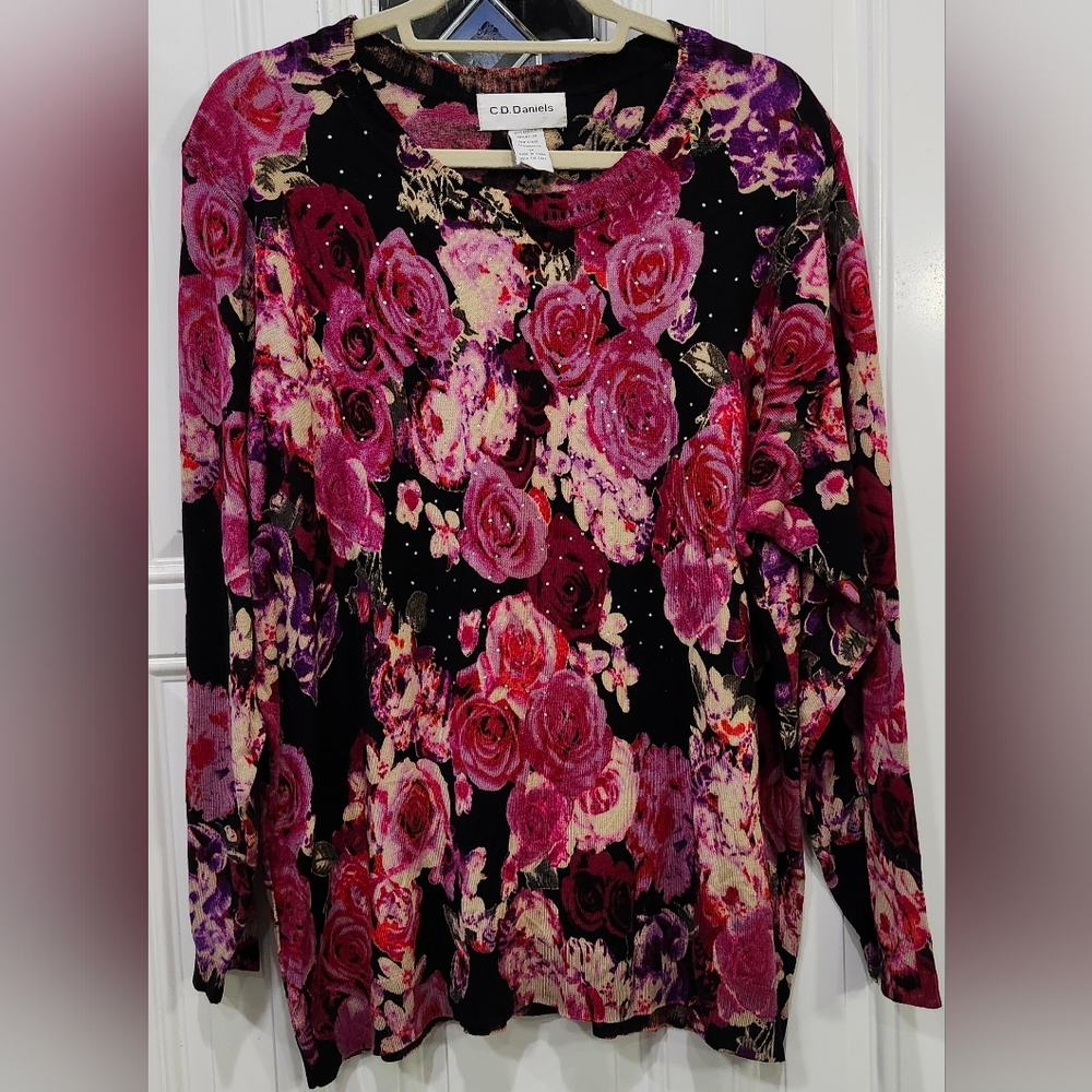 C.D. Daniels Black Sweater Pink Red Purple Floral Print Bling Accents Women's 1x